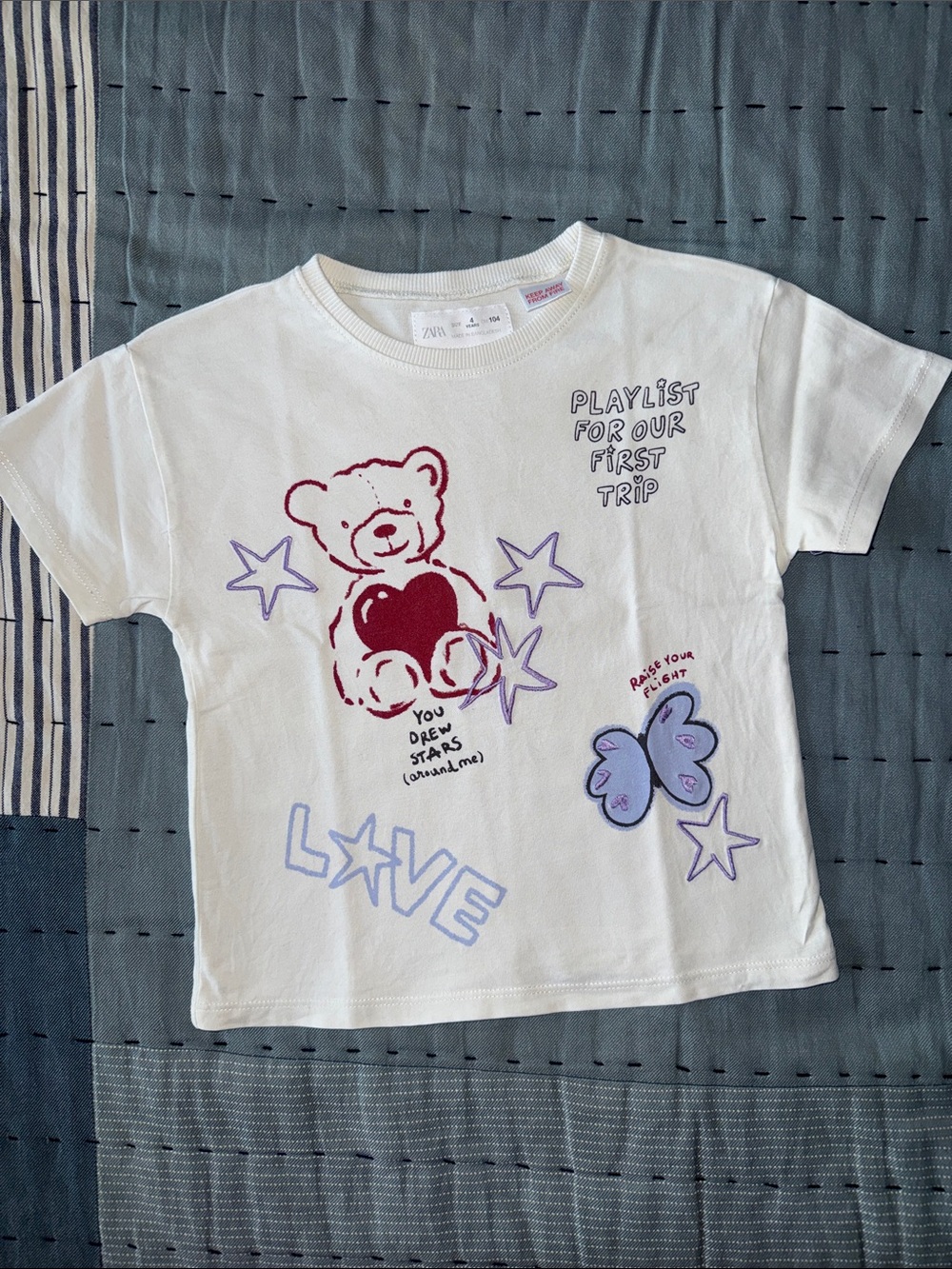 Zara Kids Cream White Tee with Maroon Teddy & Lavender Accents
